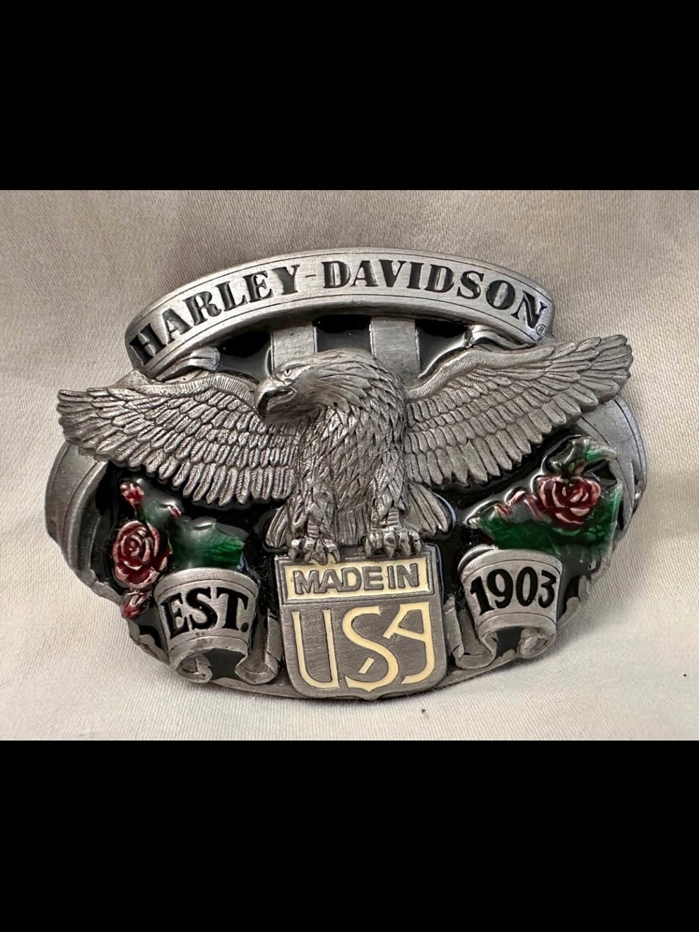 Harley-Davidson Silver Eagle USA Belt Buckle with Green and Red Accents